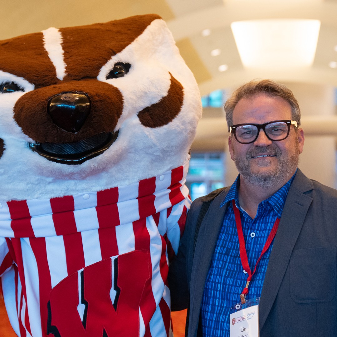 Lin Wilson with Bucky Badger